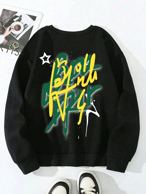 Outono/Inverno Veludo Engrossado Cool Letter Print Crew Neck Sweatshirt