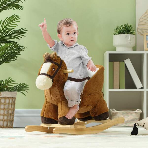 Aiyaplay Cavallo a dondolo per bambini da 18 a 36 mesi, cavallo imbottito con suoni, base in legno e cintura, marrone
