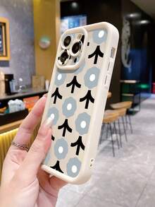 1pc Silly Logo & Flower Pattern Matte Black Phone Case, Compatible With Iphone///Redmi/Infinix/Vivo - Beige - View 2