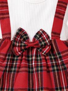 BrownBark 2pcs/Set Baby Girl Plaid Party Bow Decor Long Sleeve 2 In 1 Top & Flare Pants Outfit, Fashionable Casual Wear For Christmas Party, Daily And Gift