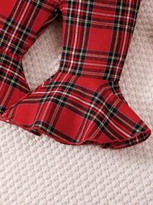 BrownBark 2pcs/Set Baby Girl Plaid Party Bow Decor Long Sleeve 2 In 1 Top & Flare Pants Outfit, Fashionable Casual Wear For Christmas Party, Daily And Gift