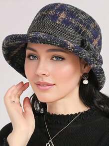 Elegante sombrero tipo balde con decoración de lazo y bloques de color, sombrero tipo balde casual para exteriores, deportes, cálido y cortavientos con ala ancha, sombrero mini para fiesta en invierno y otoño - Multicolor - Ver 17