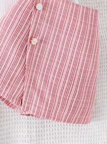 2pcs/Set Young Girl Fashion Stripe Cap Sleeve Top With Bow Tie Collar, Hat And Skirt Pants Set, Autumn/Winter - White - View 7