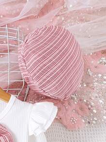 2pcs/Set Young Girl Fashion Stripe Cap Sleeve Top With Bow Tie Collar, Hat And Skirt Pants Set, Autumn/Winter - White - View 6