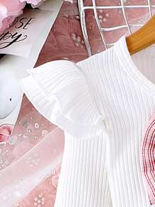 2pcs/Set Young Girl Fashion Stripe Cap Sleeve Top With Bow Tie Collar, Hat And Skirt Pants Set, Autumn/Winter - White - View 5