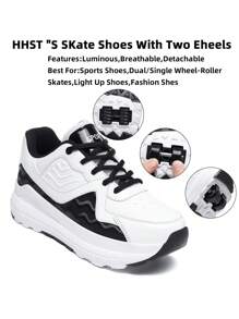 儿童鞋极具吸引力的多功能运动鞋，带可拆卸变形双轮系带滚轮男女休闲鞋，时尚轮滑鞋 - 黑與白 - 查看 4
