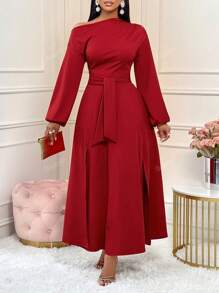 Amarilo 2024 Women's Autumn And Winter Romantic Red French Asymmetric Collar Llantern Long Sleeves High Waist A-Line High Slit Midi Dress For Party, Christmas Party ,Daily Wear,Valentines Day Date