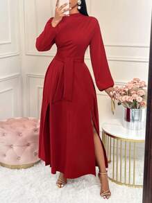 AIJ Amarilo 2024 女秋冬浪漫红色法式不对称领灯笼长袖高腰 A 字高开叉中长连衣裙，适合派对、圣诞派对、日常穿着、情人节约会