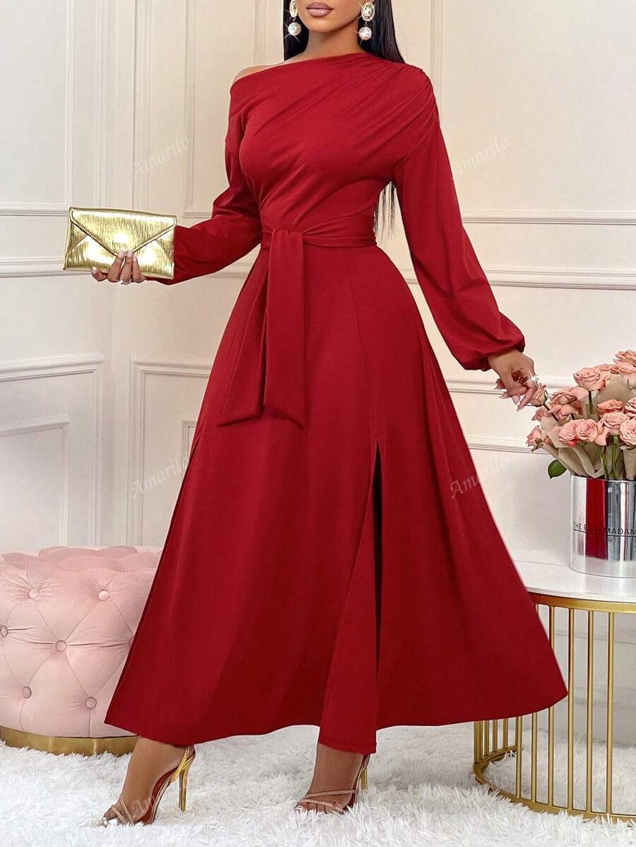 Amarilo 2024 Women's Autumn And Winter Romantic Red French Asymmetric Collar Llantern Long Sleeves High Waist A-Line High Slit Midi Dress For Party, Christmas Party ,Daily Wear,Valentines Day Date