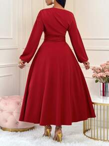 AIJ Amarilo 2024 女秋冬浪漫红色法式不对称领灯笼长袖高腰 A 字高开叉中长连衣裙，适合派对、圣诞派对、日常穿着、情人节约会