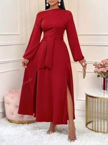 Amarilo 2024 Women's Autumn And Winter Romantic Red French Asymmetric Collar Llantern Long Sleeves High Waist A-Line High Slit Midi Dress For Party, Christmas Party ,Daily Wear,Valentines Day Date