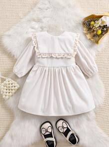 1 Stück Baby Mädchen Cord Rüschen Kragen Lässig Kleid, für Herbst Outfits - Beige - Übersicht 2
