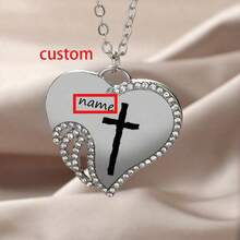 Customized Name Metal Necklace, Stainless Steel Engraved Cross & Name, Fashionable Heart-Shaped Pendant Necklace, Best Friend Birthday Gift, Valentine's Day Gift, Family Holiday Gift