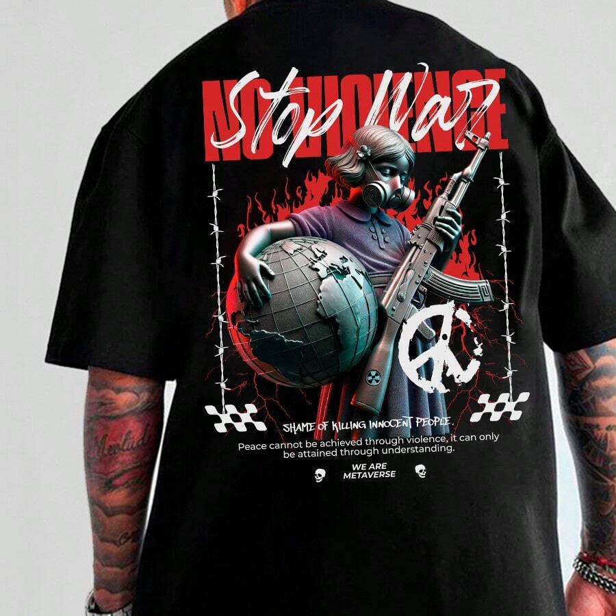 Ak47 T-Shirt Weapon War Over Men's Oversized Streetwear Shirt Men's - 黑色 - 查看 1