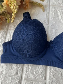 Bra With Reinforced Lace Details And Adjustable Straps Premium Polyamide - Màu xanh hải quân - Xem 3