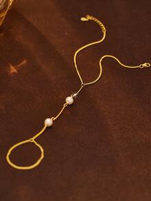 SYMFNY 1 chiếc nhẫn và vòng tay thiết kế bằng bạc 925 và chuỗi ngọc trai, thanh lịch dành cho phụ nữ, thích hợp để đeo hàng ngày, tiệc tùng, ngày lễ, quà tặng cho phụ nữ và trẻ em gái - Vàng - Xem 2