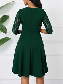 Đầm chữ A trơn phối ren tương phản dành cho nữ, đầm tay lửng 3/4 thanh lịch, thích hợp mặc thường ngày vào mùa xuân. - màu xanh lá - Xem 2