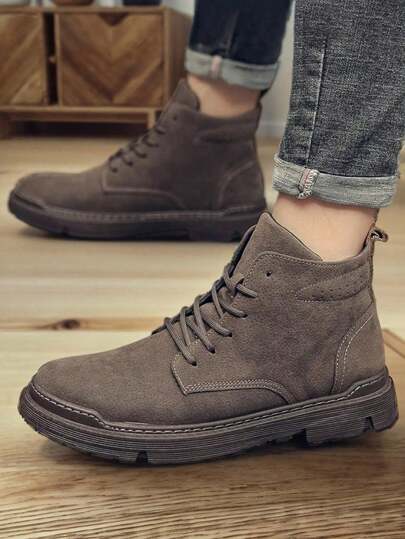 Botas planas a media pantorrilla de color sólido para hombre, antideslizantes y resistentes al desgaste, suaves y cómodas botas altas de negocios, botas de montaña, adecuadas para deportes al aire libre y ropa casual diaria.