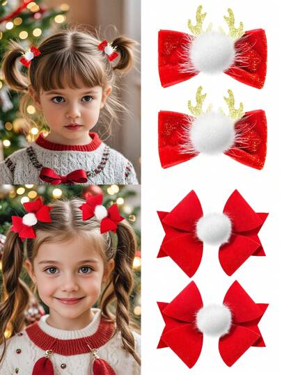 2pcs Girls Christmas Red Pompon Bow Hair Clips, Cute & Elegant All-Match Hair Accessories