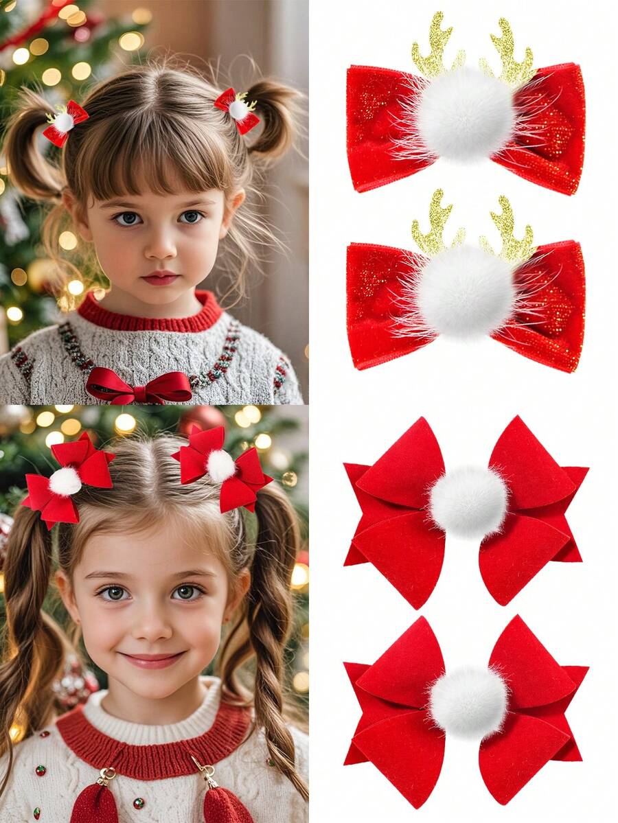 2pcs Girls Christmas Red Pompon Bow Hair Clips, Cute & Elegant All-Match Hair Accessories