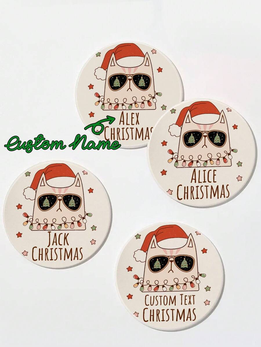 1pc Customized Christmas Cool Cat Ceramic Coaster, Water Absorbent Drink Coaster, Personalized Name, For Beverages, Tea And Coffee Cups, Home And Restaurant Decor, Holiday Gift Essential - Multicolor - View 1