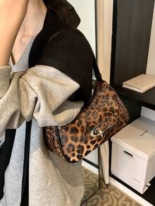 1 件单肩包，新款秋冬豹纹，腋下斜挎包，金属五金装饰，PU 材质，拉链开合，时尚复古通勤休闲斜挎包，适合女性日常购物使用，时尚猎豹印花女士包豹纹回归 - 棕色 - 查看 3