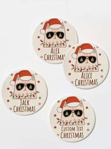 1pc Customized Christmas Cool Cat Ceramic Coaster, Water Absorbent Drink Coaster, Personalized Name, For Beverages, Tea And Coffee Cups, Home And Restaurant Decor, Holiday Gift Essential - Multicolor - View 6