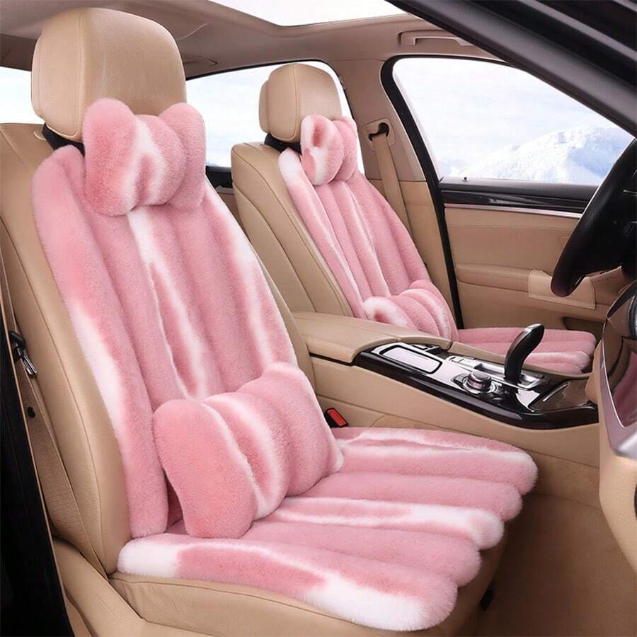 1pc Car Seat Cushion With Backrest Pillow Faux Rabbit Fur Headrest