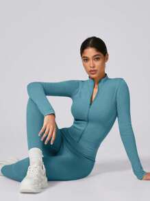 1 Set Women's Matte Sportswear, Ribbed Zip-Up Athletic Jacket And Stretchy Sweatpants - Mint Blue - View 7