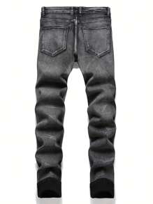 Blugi din denim pentru bărbați, cu elasticitate învechită, slim fit, ocazional, ținută de zi cu zi - Negru - Vizualizare 2