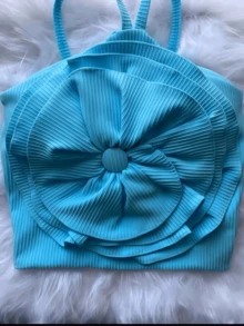 Women's Cropped 3D Open Rose Flower Blouse Elegance Trend. - Màu xanh lam - Xem 1