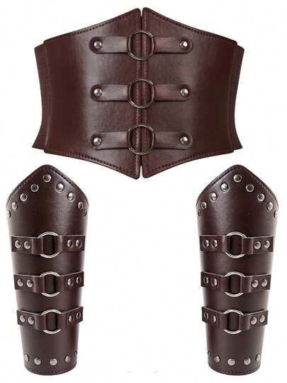 3 件中世纪腕带腰带套装维京战士海盗盔甲人造皮革套装角色扮演配件万圣节