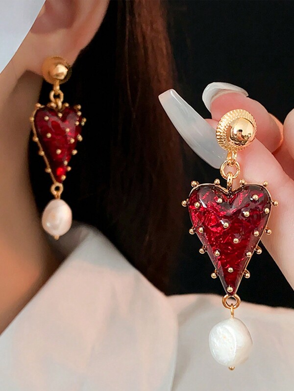 1 par de pendientes de perlas con corazón vintage y estética, regalo del Día de San Valentín, árbol de Navidad con corazón verde, copo de nieve romántico con corazón blanco, regalo de Navidad, adecuado para uso diario y reuniones o citas de mujeres