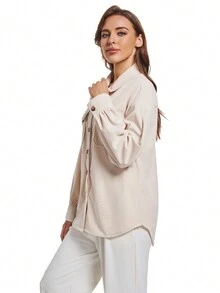 Women's Solid Color Drop Shoulder Long Sleeve Utility Pocket Casual Blouse, Spring Autumn - Apricot - View 4