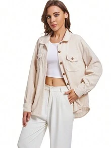 Women's Solid Color Drop Shoulder Long Sleeve Utility Pocket Casual Blouse, Spring Autumn - Apricot - View 2