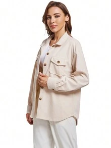 Women's Solid Color Drop Shoulder Long Sleeve Utility Pocket Casual Blouse, Spring Autumn - Apricot - View 3