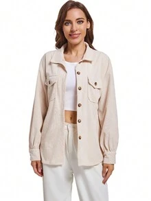 Women's Solid Color Drop Shoulder Long Sleeve Utility Pocket Casual Blouse, Spring Autumn - Apricot - View 1