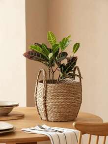 1 件手工编织草装饰花盆/篮子，带塑料内衬 - 棕色 - 查看 4