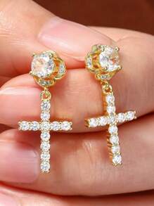 1 paire de boucles d'oreilles à clous argentés de style mode punk avec croix, bijoux avec strass blancs pour hommes et couples, accessoires d'oreilles Hip Hop - boucle d'oreille - Voir 12