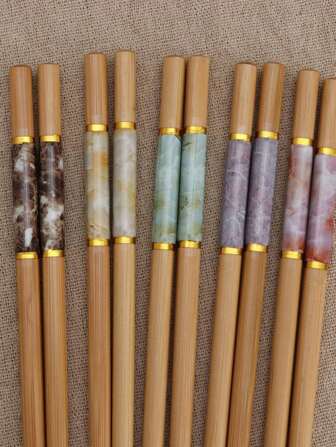 5Pairs Of Colorful 24cm Chinese-Style Chopsticks, Imitation Jade Patterned Dining Utensils Set School Supplies,Back To School