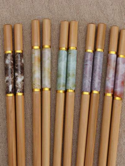 5Pairs Of Colorful 24cm Chinese-Style Chopsticks, Imitation Jade Patterned Dining Utensils Set School Supplies,Back To School