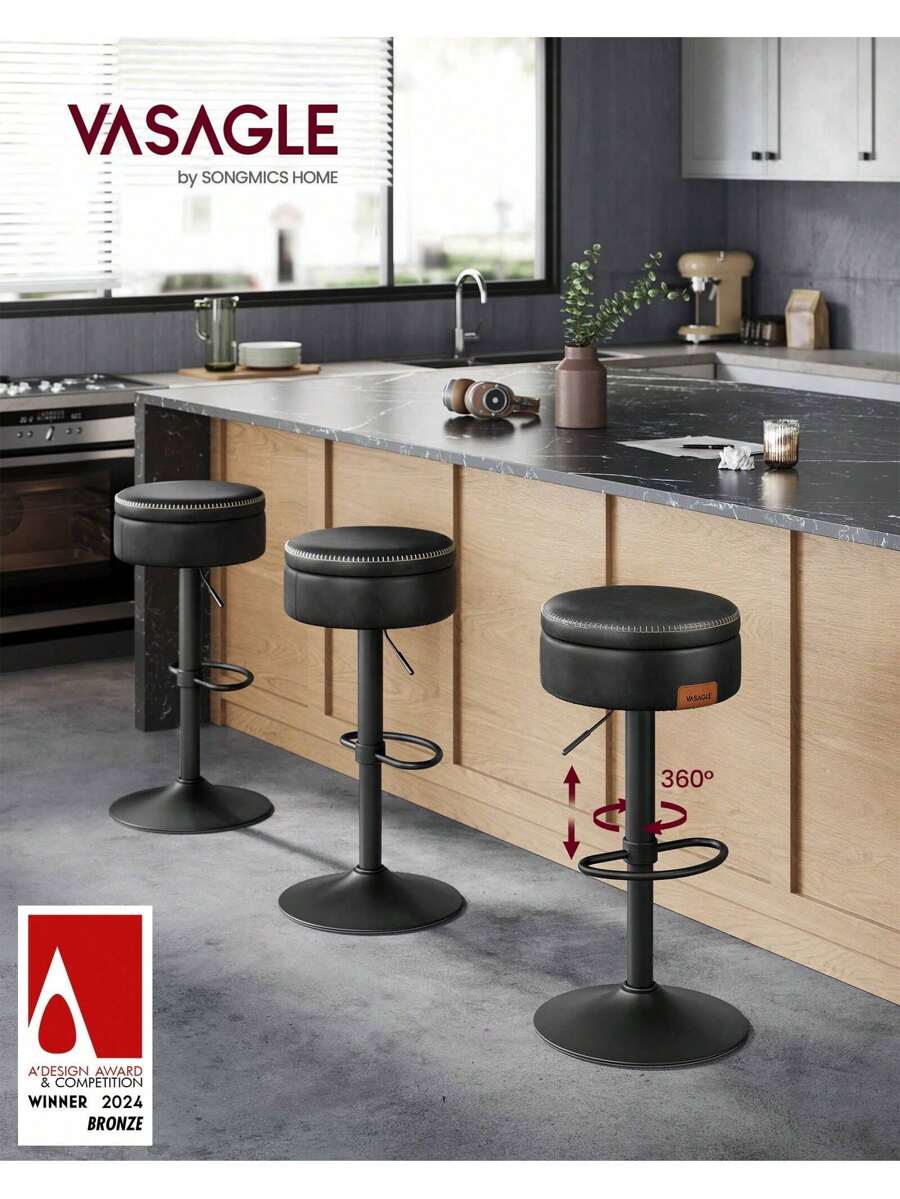 VASAGLE 360° Swivel Bar Stool, Height Adjustable Barstool With Storage, Synthetic Leather With Stitching, Ink Black