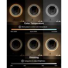 Round Bathroom Mirror With LED Light, Illuminated Wall Mounted Vanity Mirror With Demister, Anti-Fog Large Circle Makeup Mirror, 3-Color Dimmable LED Light, IP44 - 50cm - View 2