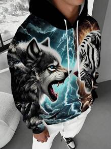 Men's Graphic Animal Print Hooded Sweatshirt, Casual Pullover, For Fall, Long Sleeve Top - Multicolor - View 3