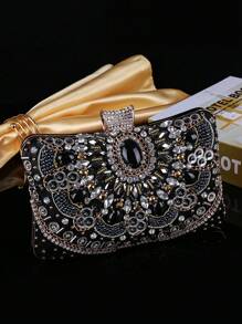 Borsa da sera da donna con ricamo floreale tempestato di strass neri e perline pregiate, stile di lusso discreto, design elegante e alla moda, borsetta piccola e versatile, adatta per occasioni serali e feste, può essere abbinata ad abiti da sera e da sposa, con tracolla, catena o manico, ideale per mostre, sfilate di moda, con decorazioni in strass e perle sintetiche di stile vintage e di lusso