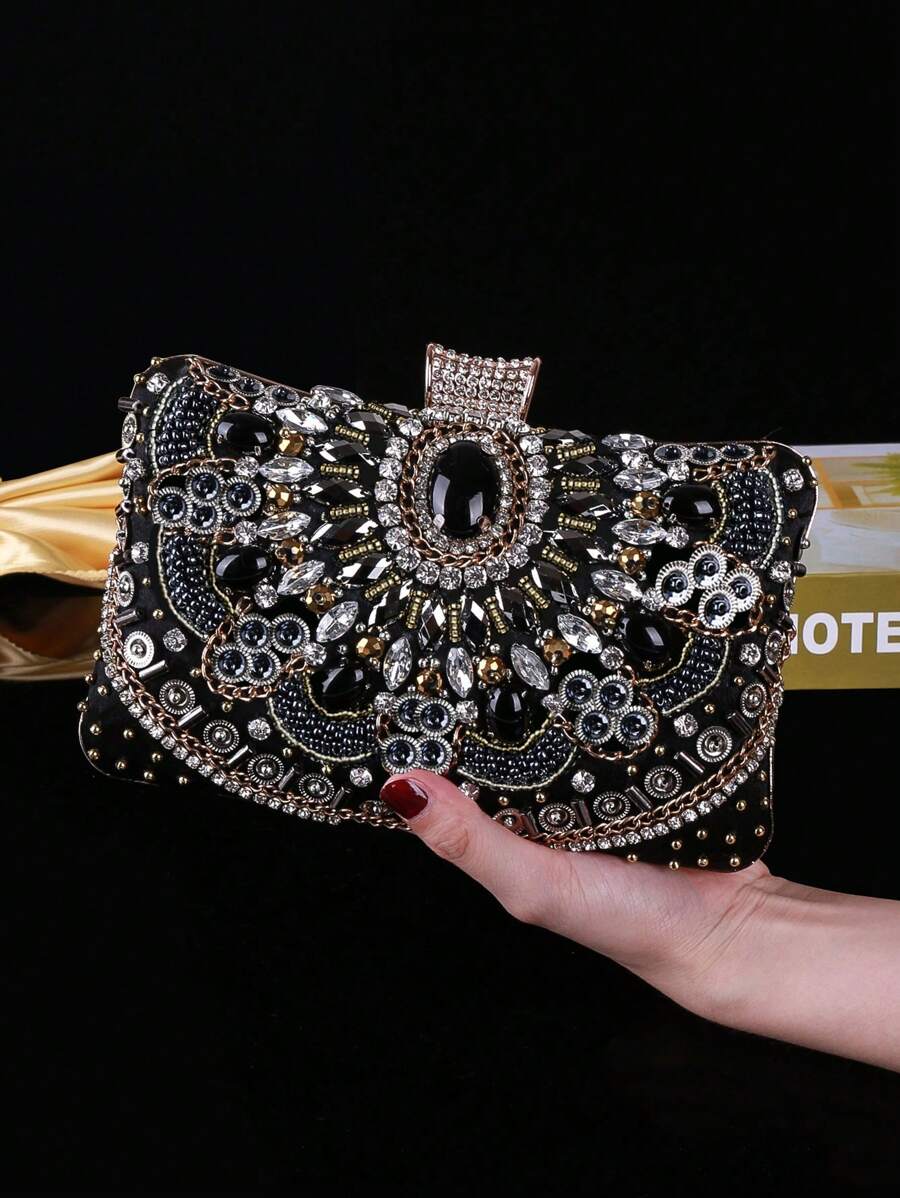 Borsa da sera da donna con ricamo floreale tempestato di strass neri e perline pregiate, stile di lusso discreto, design elegante e alla moda, borsetta piccola e versatile, adatta per occasioni serali e feste, può essere abbinata ad abiti da sera e da sposa, con tracolla, catena o manico, ideale per mostre, sfilate di moda, con decorazioni in strass e perle sintetiche di stile vintage e di lusso