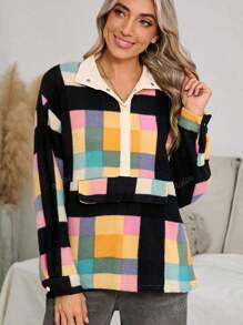 Acelitt Women's Multi-Color Plaid Print Contrast Color Half-Zip Collar Sweatshirt For Autumn/Winter