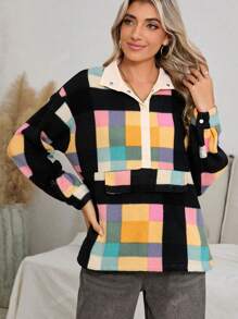 Acelitt Women's Multi-Color Plaid Print Contrast Color Half-Zip Collar Sweatshirt For Autumn/Winter