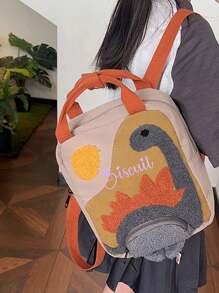 1pc Cartoon Plush Dinosaur Backpack, Customizable Embroidered Name, Cute Dinosaur Schoolbag, Zipper Bag, Canvas Backpack, Unisex, Lightweight & Durable Design, Suitable For Students,New Year Glamour - Multicolor - View 5