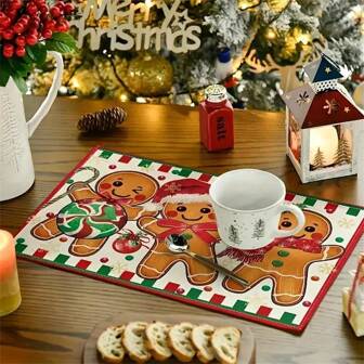 1pc/4pcs/8pcs Gingerbread Candy Cane Christmas Placemat 12 X 18 Inch, Seasonal Placemat For Party Kitchen Meal Decoration,Christmas